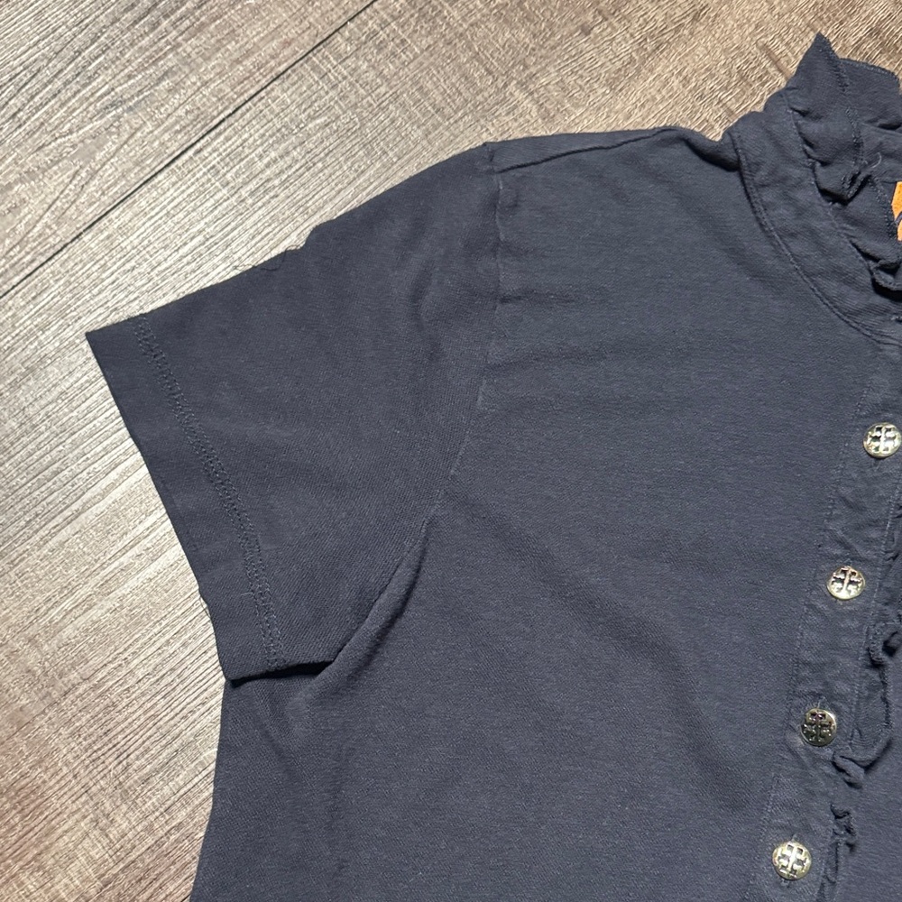 Tory Burch Emily Ruffle Polo Navy Shirt - Picture 2 of 8